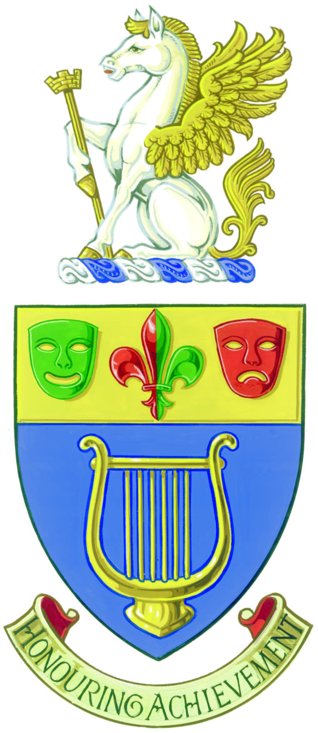 A coat of arms featuring a harp, winged horse and tragedy and comedy masks.